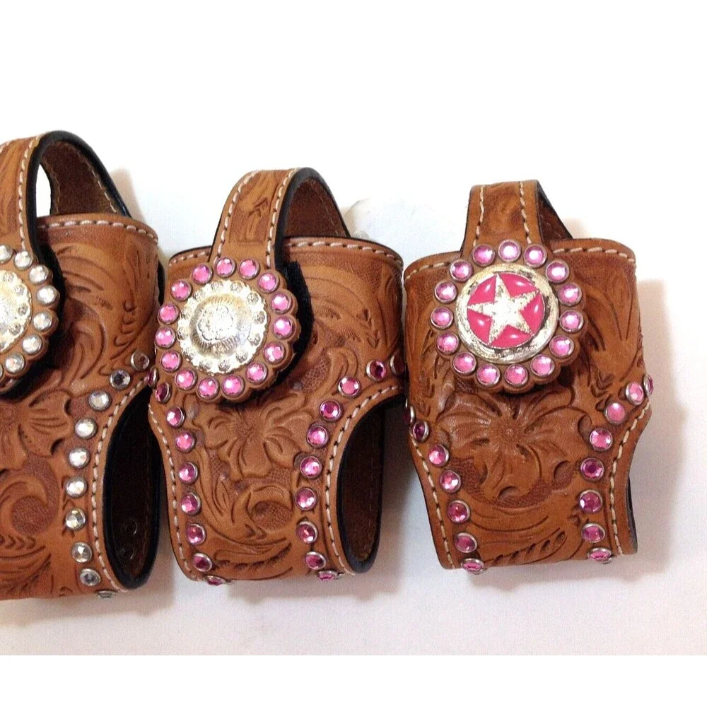 3 Vintage Cowboy Decor Leather & Rhinestones Western Flip Phone Case w/Belt Clip